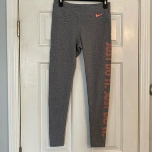 Nike Dri-fit pants, 61% cotton, 33% poly, 6% spandex. Heather gray with coral.